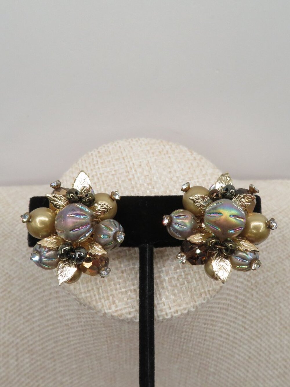 Vintage Vendome Faux Pearl Rhinestone Iridescent Art Glass Cluster Earrings